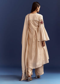 Light Beige High Low Kurta With Cut Dana Beads And Applique Work In Fuji Silk