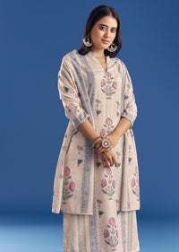 Light Beige Block Print Cotton Kurta Set With Mirror Work