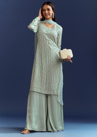 Sky Blue Cutdana Kurta With Scallop Dupatta And Palazzo In Chinon