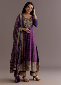 Purple Russian Silk Bandhani Anarkali Suit With Leheriya Dupatta