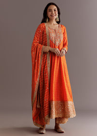 Orange Russian Silk Bandhani Anarkali Dupatta Suit