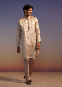Peach Brocade Kurta Set With Self Work
