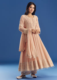 Peach Moti Beads Georgette Anarkali Set With Tassel Dupatta
