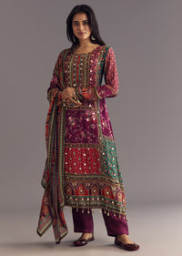 Purple Wine Floral Chinon Kurta Set With Gotta Lace Dupatta