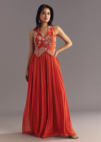 Orange Georgette Jumpsuit With Moti And Sequins Embroidery