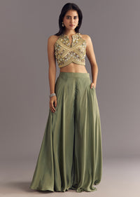 Green Raw Silk Croptop With Zardosi Work Palazzo Suit