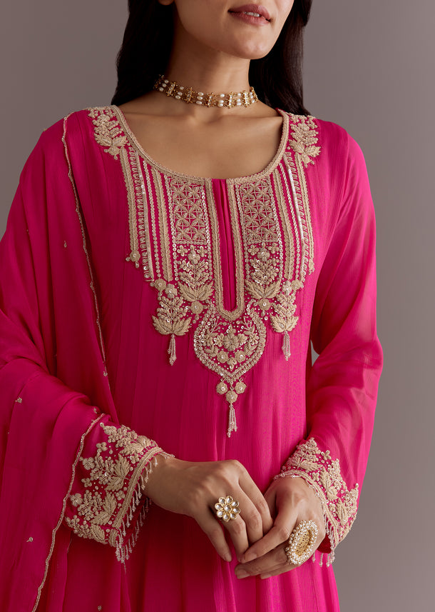 Pink Chinon Thread Sequin Embroidered Anarkali Dupatta Suit