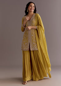 Yellow Chinon Embroidered Kurta Palazzo Suit With Dupatta