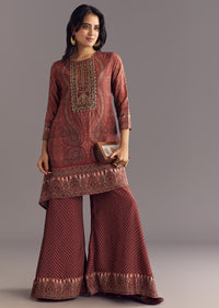 Brick Orange Satin Paisley Print Kurta Sharara Set With Cutdana Neckline