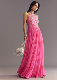 Bright Pink Georgette Jumpsuit With Embroidered Belt