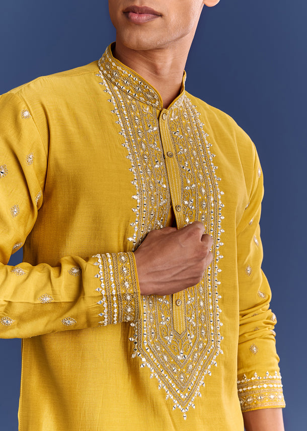 Yellow Silk Kurta Set With Yoke Thread And Mirror Work