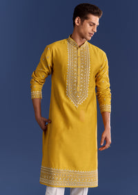 Yellow Silk Kurta Set With Yoke Thread And Mirror Work