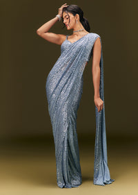 Blue Pre Stitched Saree With Sequin Stone Work