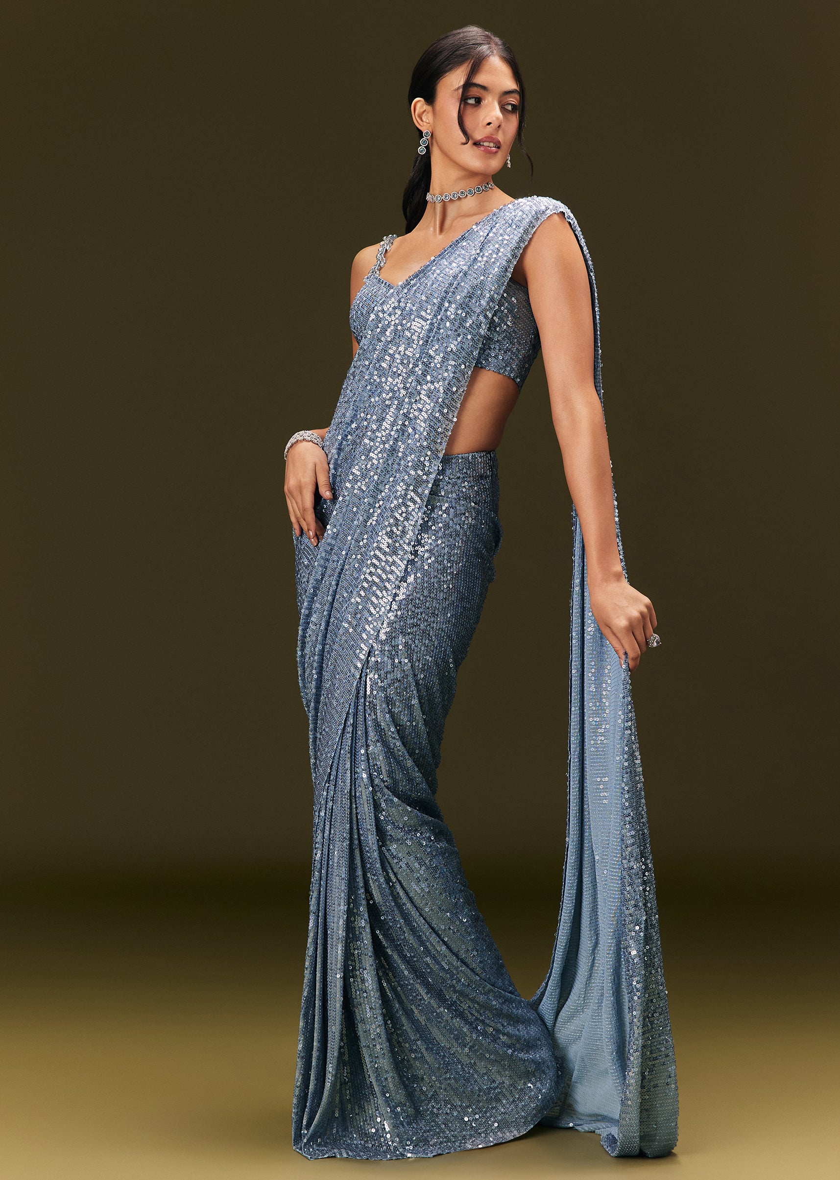 Blue Pre Stitched Saree With Sequin Stone Work