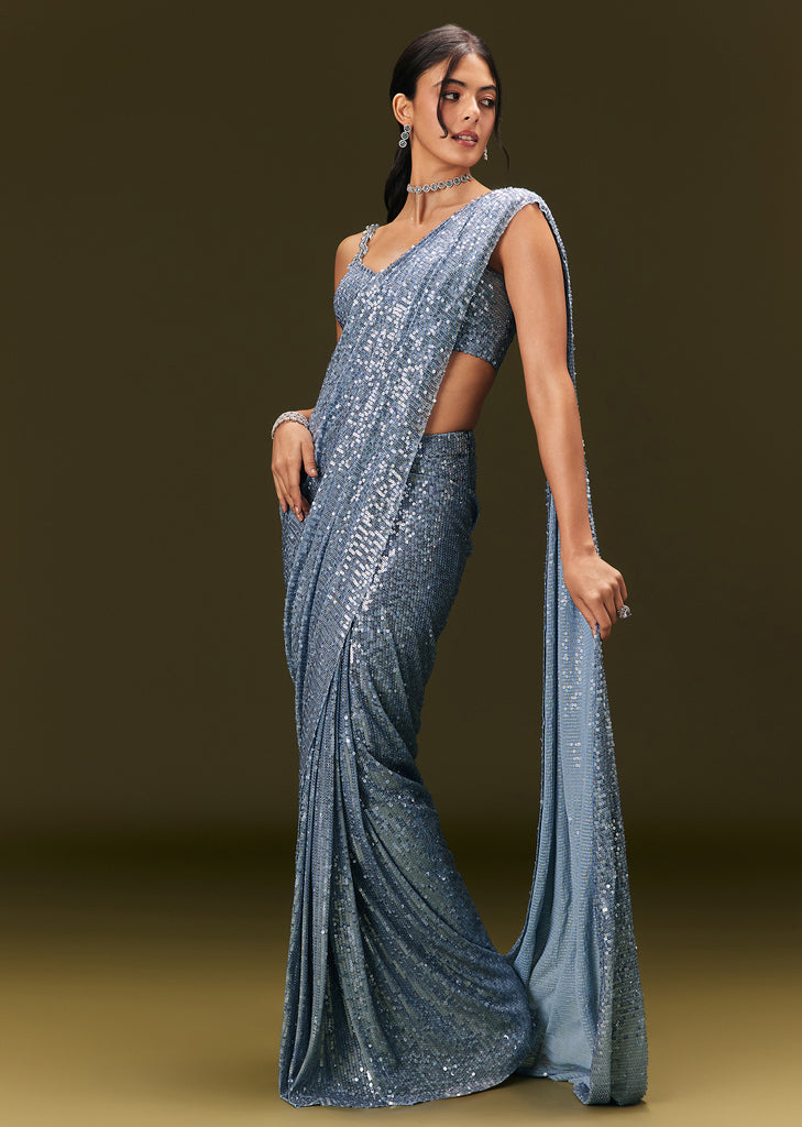 Blue Pre Stitched Saree With Sequin Stone Work