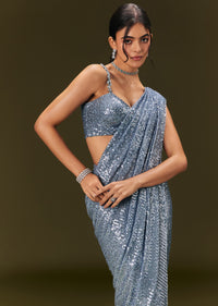 Blue Pre Stitched Saree With Sequin Stone Work