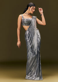 Metallic Grey Pre Stitched Sequin Saree With Cowl Neckline Blouse