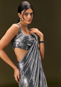 Metallic Grey Pre Stitched Sequin Saree With Cowl Neckline Blouse