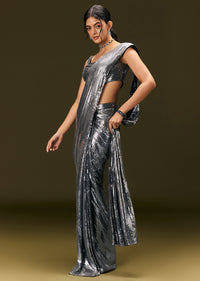 Metallic Grey Pre Stitched Sequin Saree With Cowl Neckline Blouse