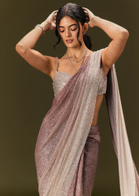 Brown Sequin Ready Pleated Saree With Stone Work