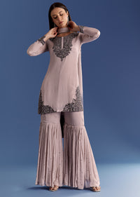 Beige Chinon Beaded Kurta Set With Ombre Dupatta