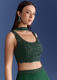 Dark Green Chinon Palazzo Set With Cutdana Croptop And Choker Dupatta