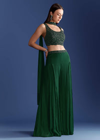 Dark Green Chinon Palazzo Set With Cutdana Croptop And Choker Dupatta