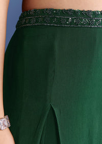 Dark Green Chinon Palazzo Set With Cutdana Croptop And Choker Dupatta