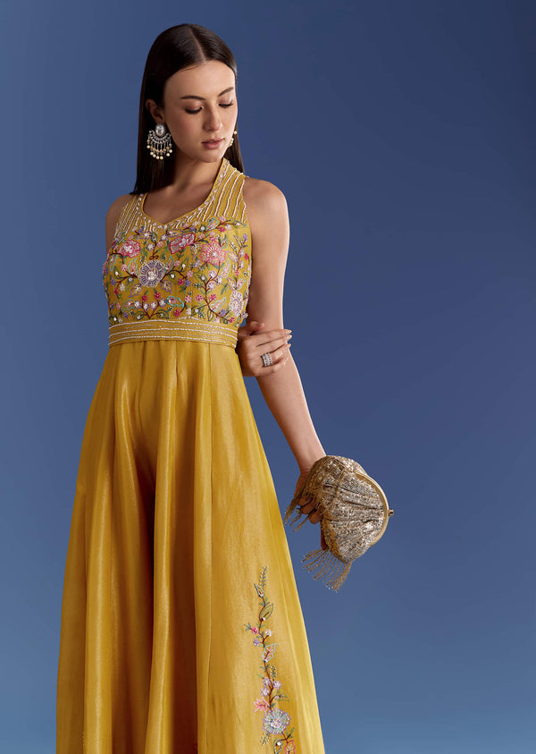 Yellow Tissue Jumpsuit With Moti And Cutdana Belt