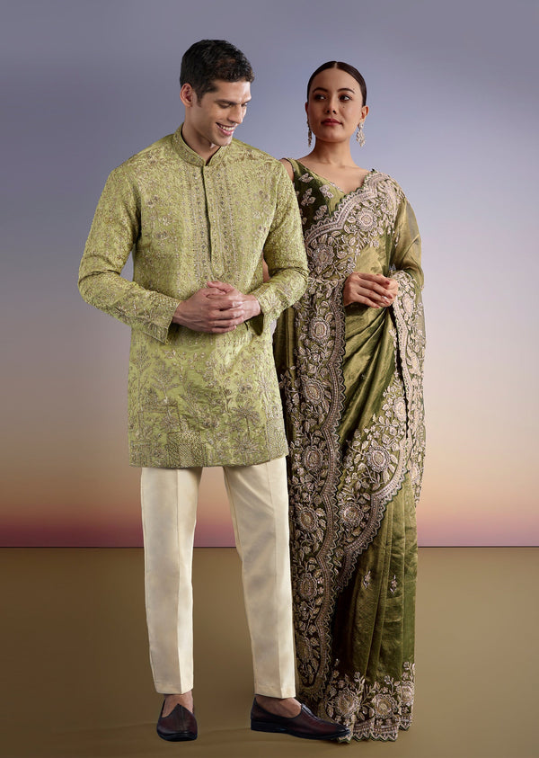 Green Tissue Elegance Couple Set – Olive Green Tissue Saree for Her And Green Tissue Kurta Set for Him
