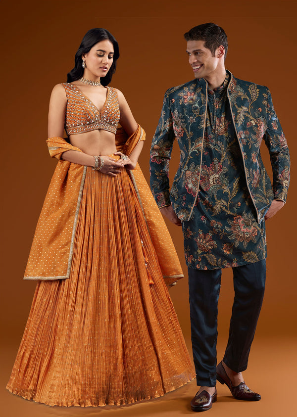 Traditional Luxe Couple Set – Banarasi Silk Lehenga for Her And Velvet Jodhpuri Kurta Set for Him