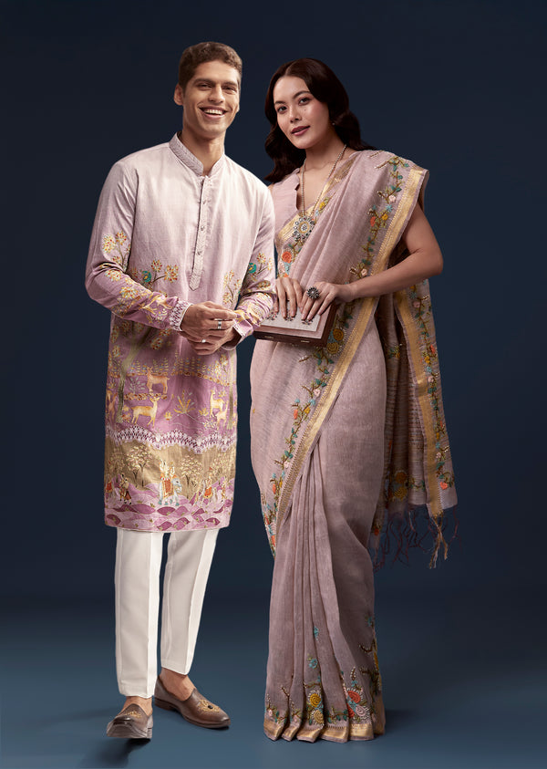Lavender & Purple Duo — Saree For Her And Kurta Set For Him