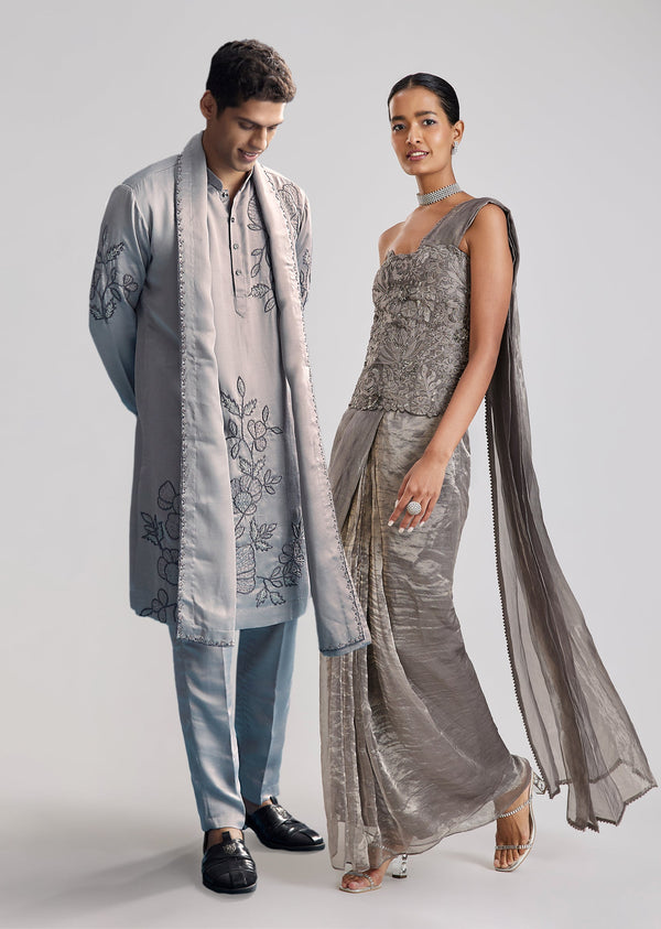 Modern Grey Duo – Indo Western Saree For Her And Kurta Set For Him