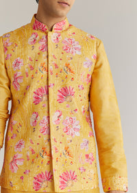 Yellow Silk Stone Sequins Cutdana Kurta Jacket Set