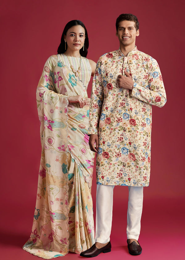 Floral Ivory Duo – Printed Saree For Her And Embroidered Kurta Set For Him