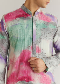 Multicolour Silk Abstract Printed Kurta Set With Sequins
