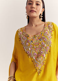 Yellow Dola Silk Cape Kurta Set With Embroidery