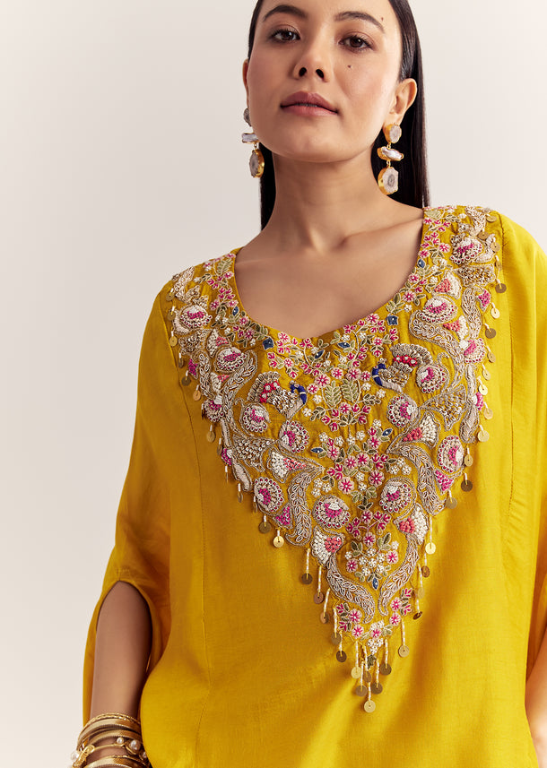 Yellow Dola Silk Cape Kurta Set With Embroidery