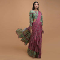 Magenta And Green Ready Pleated Ruffle Saree In Crepe Enhanced With Floral And Moroccan Print Online - Kalki Fashion