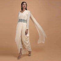 Off White Dhoti Saree In Lace With Ready Stitched Georgette Pallu And Embellished Belt Online - Kalki Fashion