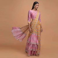 Yellow And Pink Ready Pleated Ruffle Saree In Crepe Enhanced With Floral And Paisley Print Online - Kalki Fashion