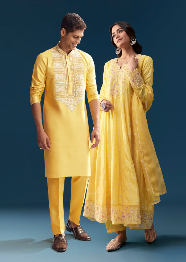 Yellow Festive Pair – Anarkali For Her And Kurta Set For Him