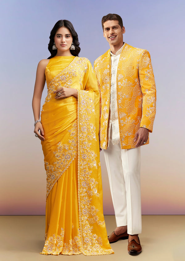 Sunshine Festive Duo – Satin Saree For Her And Silk Indo Western Set For Him