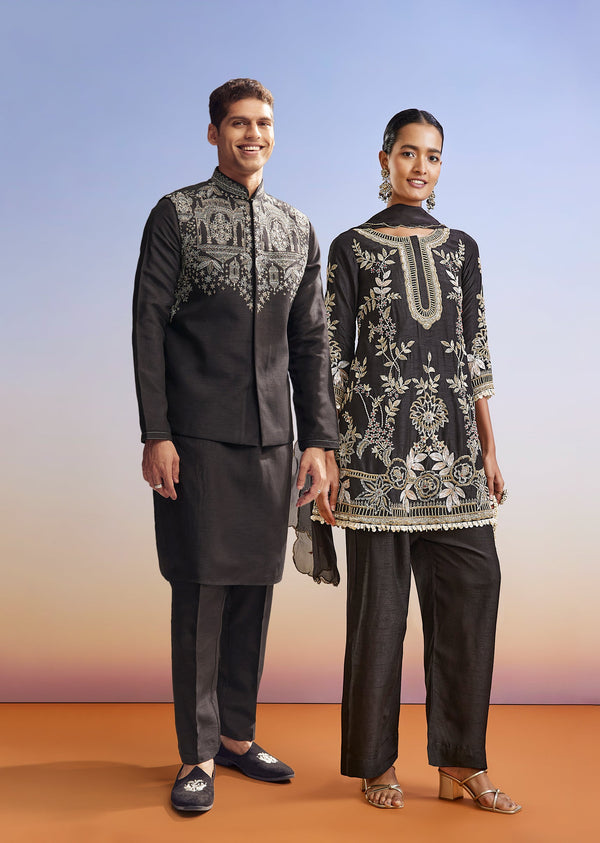 Black Luxe Duo – Palazzo Suit For Her And Jacket Kurta Set For Him