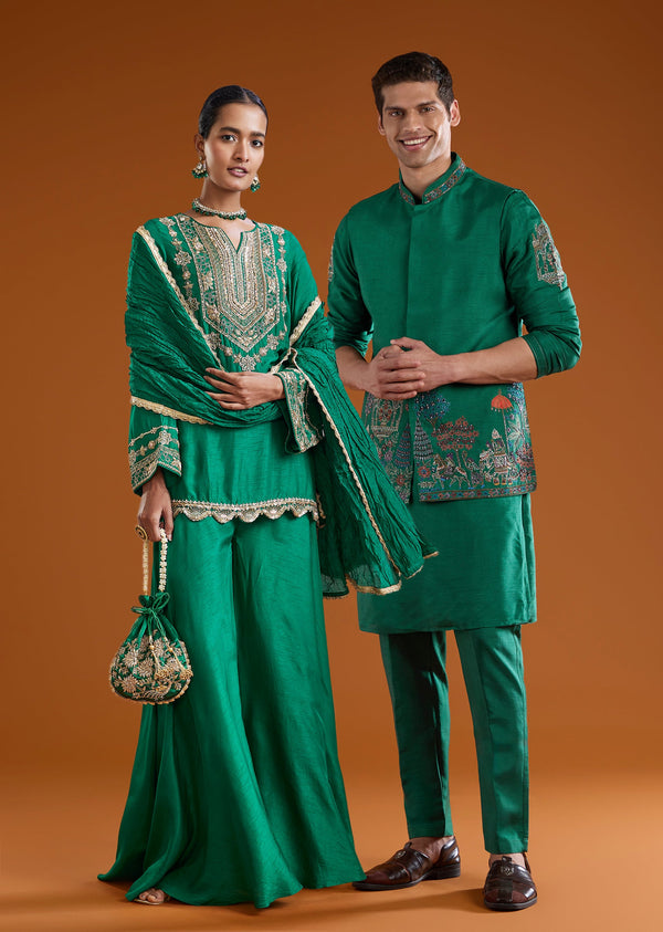 Green Festive Pair – Zardosi Suit For Her And Jacket Kurta Set For Him