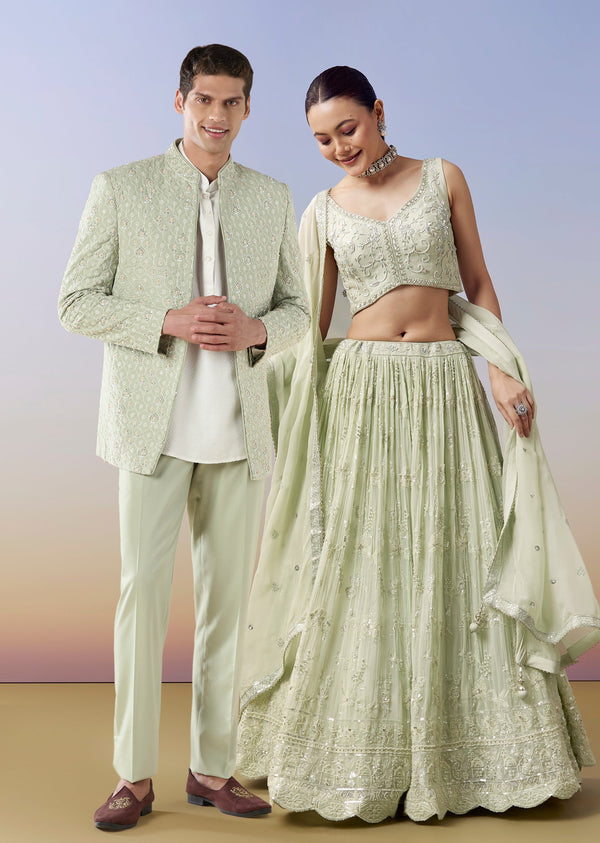 Pista Green Celebration Duo – Embellished Lehenga For Her And Jodhpuri Set For Him