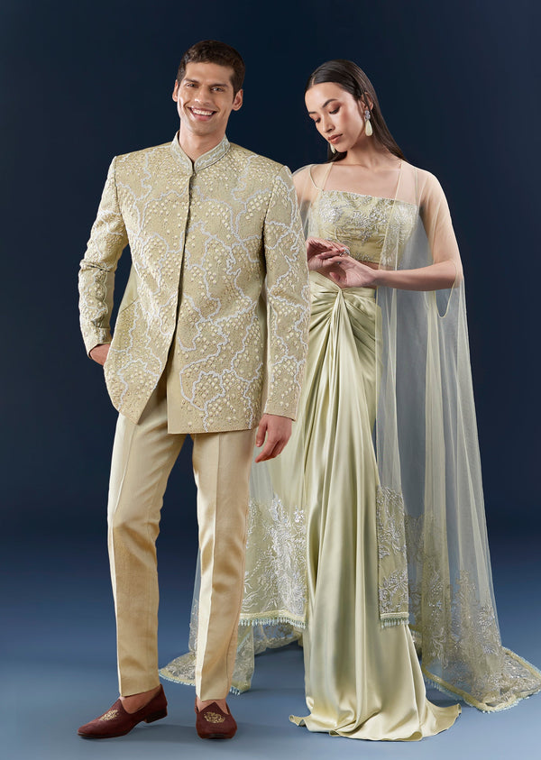 Green Festive Duo – Satin Crop Top Skirt Set For Her And Tussar Jodhpuri Set For Him