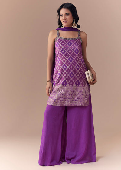 Purple Jacquard Woven Kurta Palazzo Set