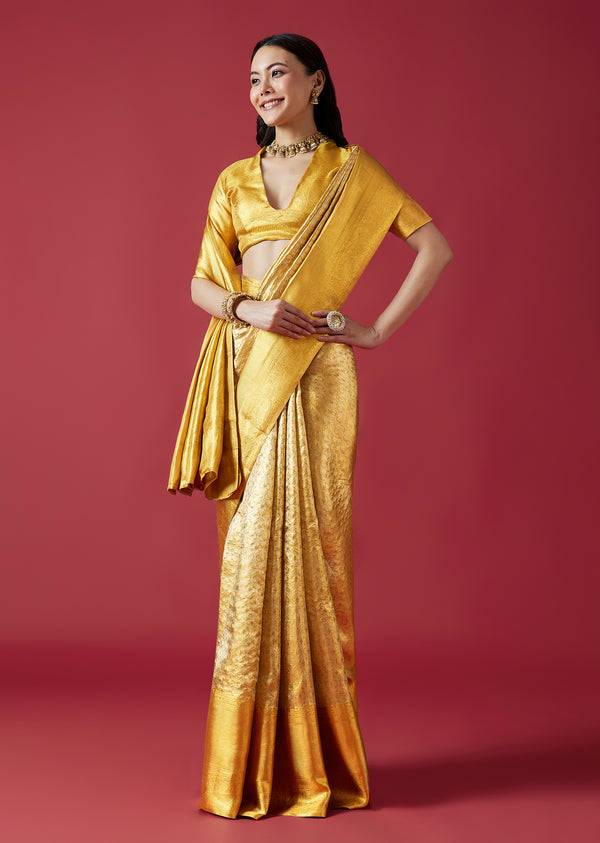 Gold Bridal Kanjivaram Jaal Weave Saree with Unstitched Blouse
