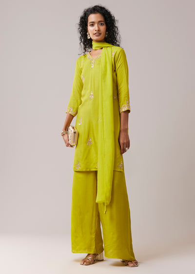 Lime Green Silk Kurta Pant Set with Gota Work